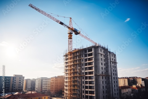 Huge crane at construction site of new multi story residential building. Sunny day. Generative AI.