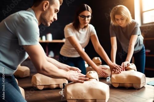 Performing chest compression on dummy during cpr training class. Instructors demonstrating CPR on mannequin at first aid training course. Generative AI. photo