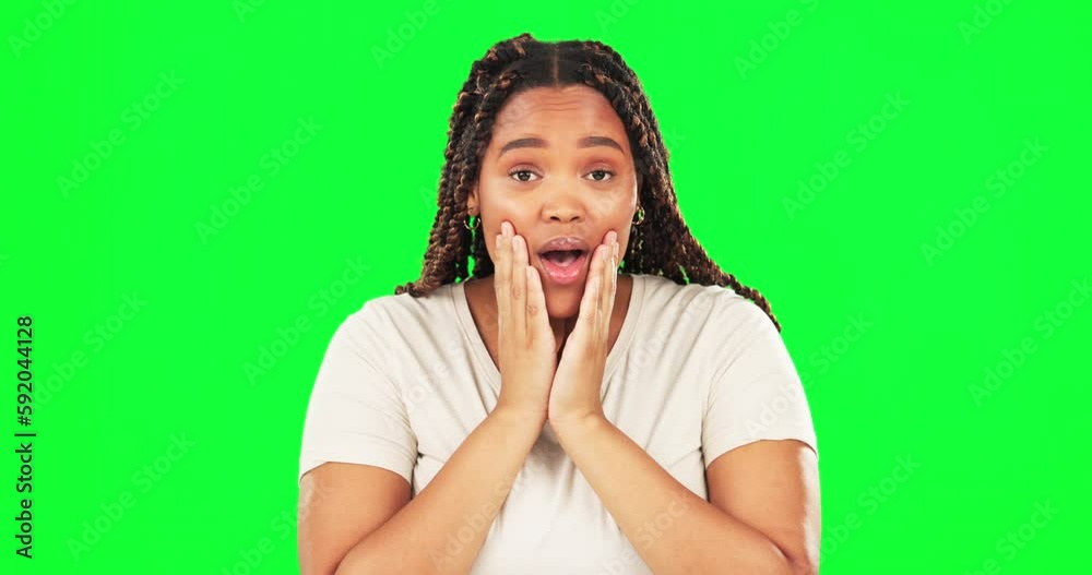 Woman, face and surprised hands on green screen for gossip secret, bad news and emoji facial expression on isolated studio. Portrait of shocked, wow and alarmed person on mock up background Woman, face and surprised hands on green screen for gossip secret, bad news and emoji facial expression on isolated studio. Portrait of shocked, wow and alarmed person on mock up background