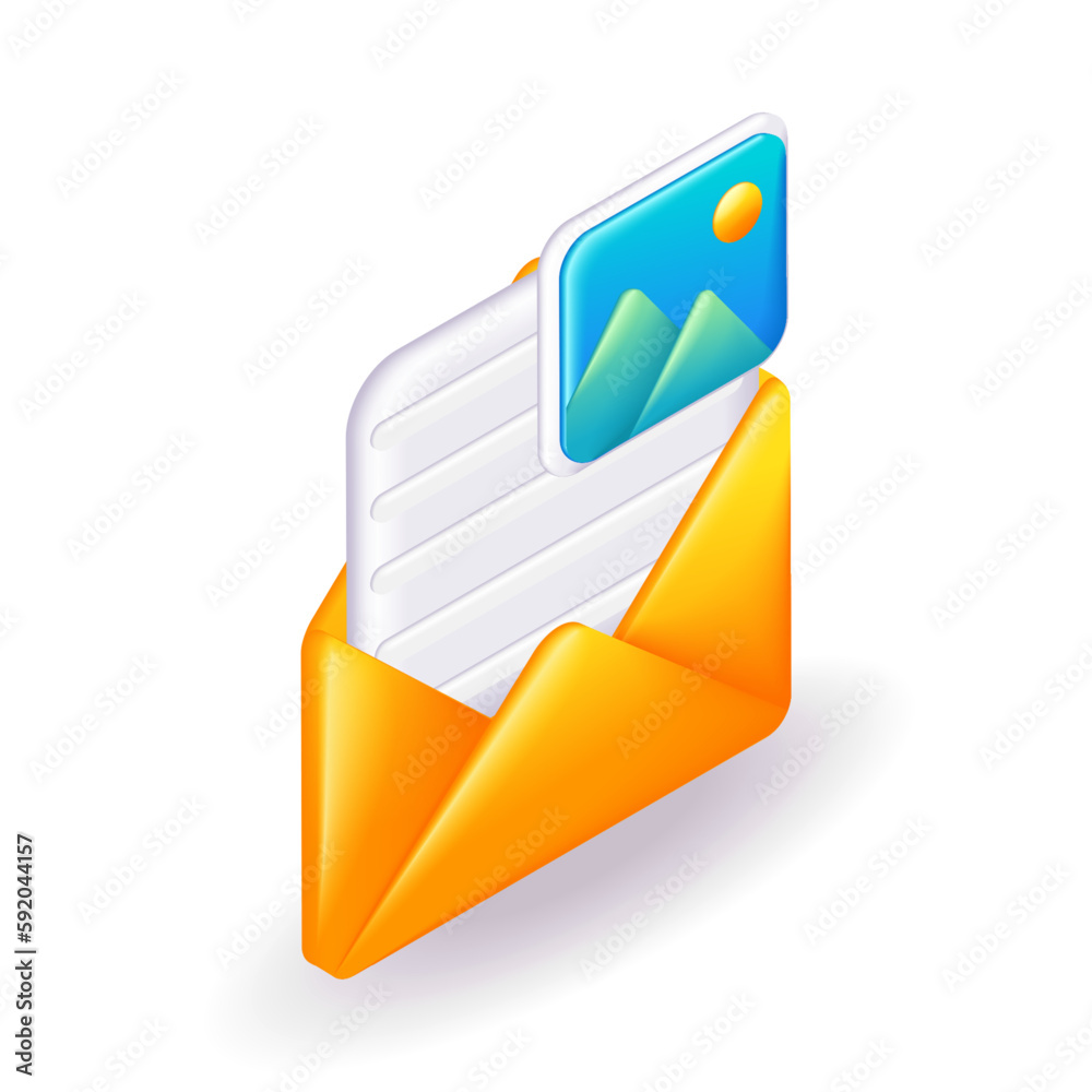 Isometric 3D icon yellow envelope of an email with an attached document and an illustration. Cartoon minimal style. Vector for website Isometric 3D icon yellow envelope of an email with an attached document and an illustration. Cartoon minimal style. Vector for website
