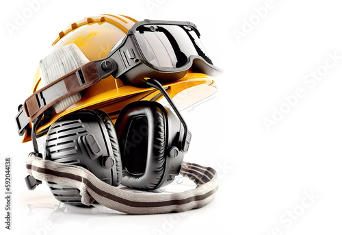 Means of labor protection. Industrial protective equipment. Yellow helmet, goggles and goggles. Generative AI