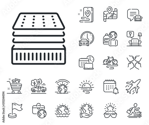 Luxury orthopedic pad sign. Plane jet, travel map and baggage claim outline icons. Deluxe mattress line icon. Breathable sleep bed symbol. Deluxe mattress line sign. Vector