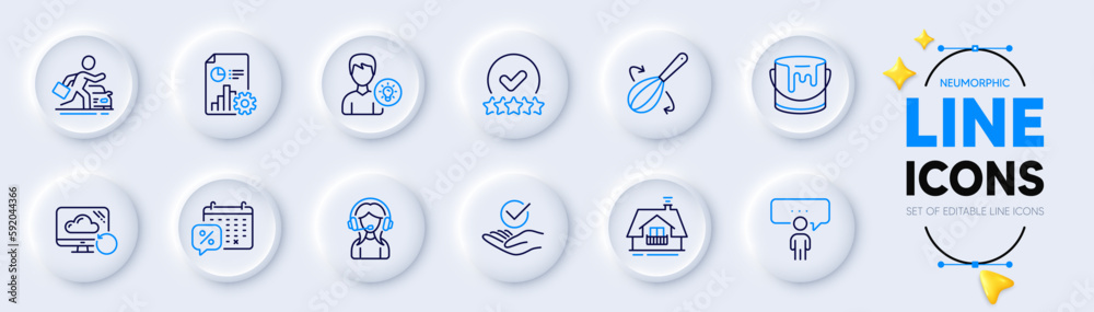 Report, Cooking whisk and Recovery cloud line icons for web app. Pack of Balcony, Rating stars, Approved pictogram icons. Person idea, Consulting business, Paint signs. Neumorphic buttons. Vector Report, Cooking whisk and Recovery cloud line icons for web app. Pack of Balcony, Rating stars, Approved pictogram icons. Person idea, Consulting business, Paint signs. Neumorphic buttons. Vector