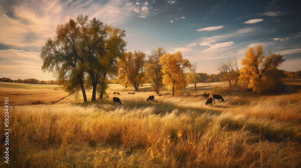 Afternoon in a Colorful Green Field with Animals, Tranquil Landscape with Dry and Green Grass. Generative AI Afternoon in a Colorful Green Field with Animals, Tranquil Landscape with Dry and Green Grass. Generative AI