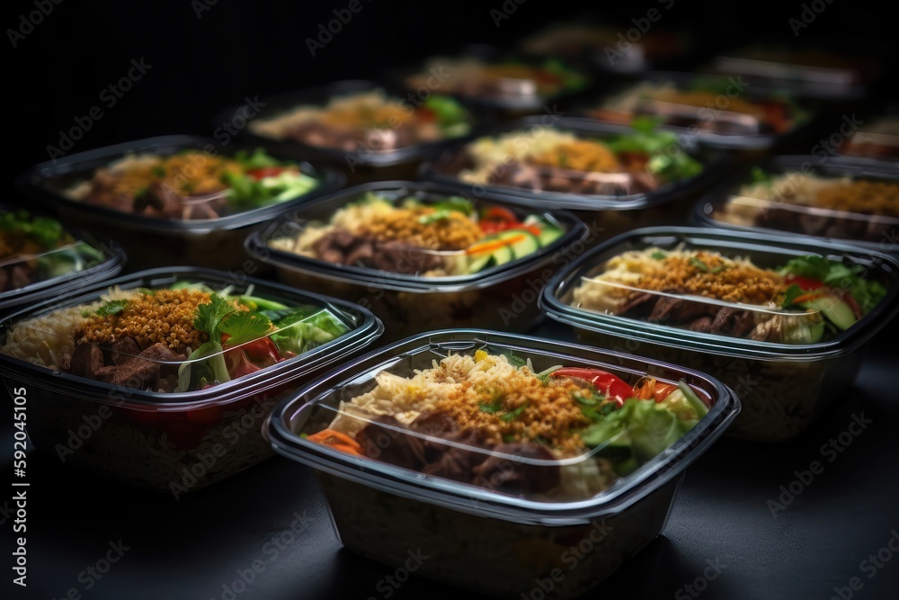 Modern Thai food lunch boxes in plastic packages. AI generated