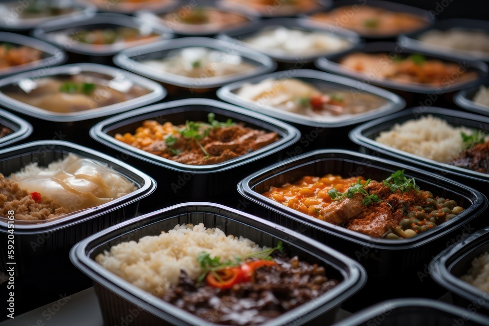 Modern Thai food lunch boxes in plastic packages. AI generated Stock ...