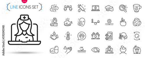 Pack of Vision test, Depression treatment and No sun line icons. Include Farsightedness, Potato, Medical drugs pictogram icons. Thermometer, Sick man, Medical help signs. Telemedicine. Vector