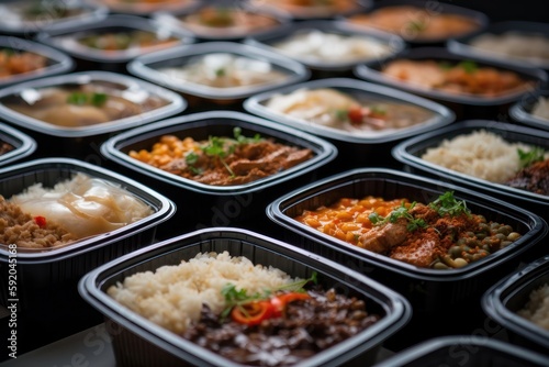 Modern Thai food lunch boxes in plastic packages. AI generated
