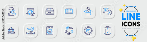 Latex mattress, Collagen skin and Car key line icons for web app. Pack of Stop talking, Qr code, Shirt pictogram icons. Court building, Internet, Organic tested signs. Education, Laundry. Vector