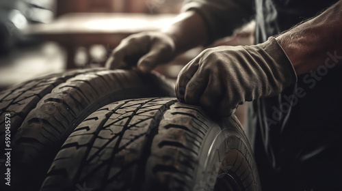 Detailed image of mechanics' hands with tools, replacement car tire, with blurred garage background