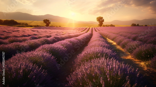 Lavender Fields at Sunset Serene and Breathtaking Beauty of Purple Blooms, a Captivating Scene for Nature Lovers and Relaxation Concepts. Generative AI