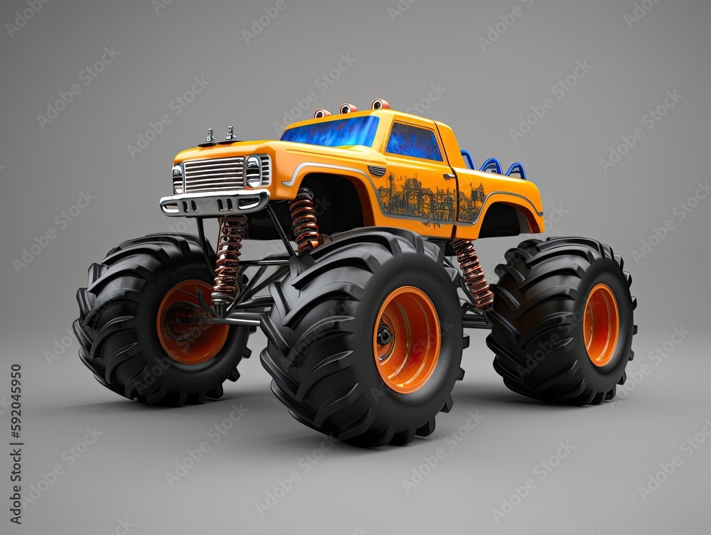 Modern and cool monster truck with graffiti on a gray background with shadow 3d render on gray Modern and cool monster truck with graffiti on a gray background with shadow 3d render on gray