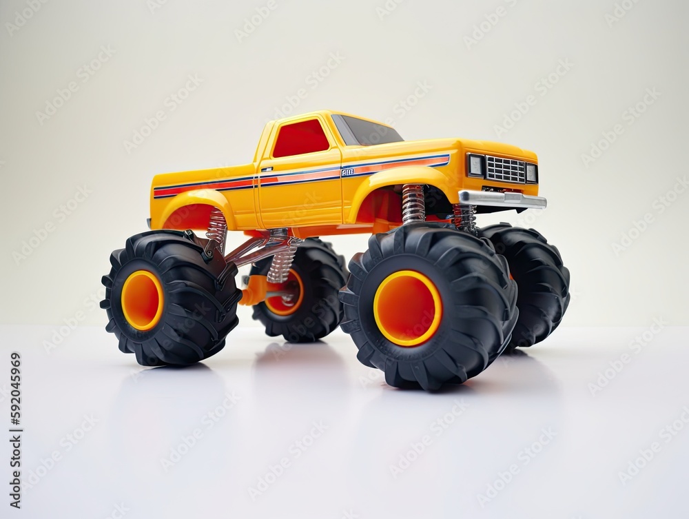 Orange toy monster truck model on a white background. Generative ai vehicle Orange toy monster truck model on a white background. Generative ai vehicle