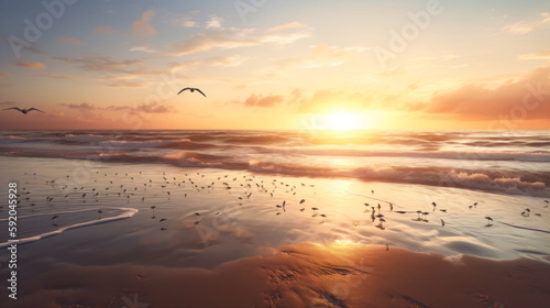 Breathtaking Sunrise and the Graceful Flight of Seabirds. Generative ai © Akash
