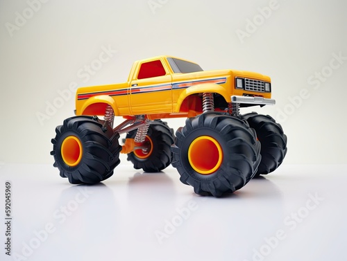Orange toy monster truck model on a white background. Generative ai vehicle