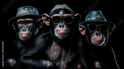 portrait of three cool monkeys in glasses