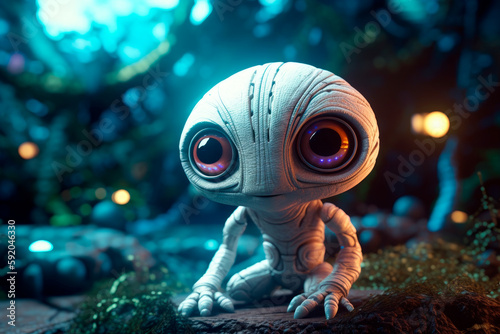 Alien with big eyes and a tiny body in the jungle. Generative AI © NorLife