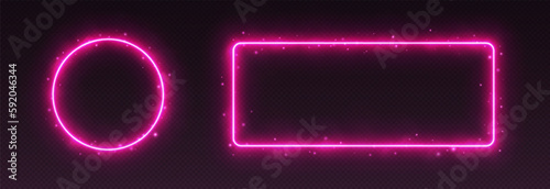 Pink neon frames with smoke and sparkles. Circle and rectangle glowing borders for game UI. Vector illustration.