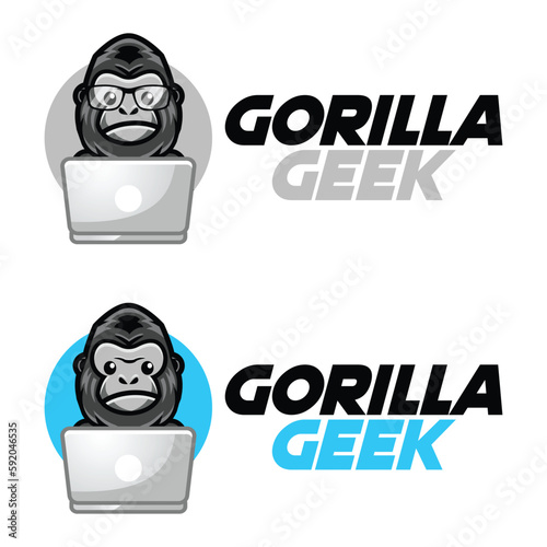Modern vector flat design simple minimalist logo template of cute geek nerd gorilla cartoon head vector for brand, emblem, label, badge. Isolated on white background.