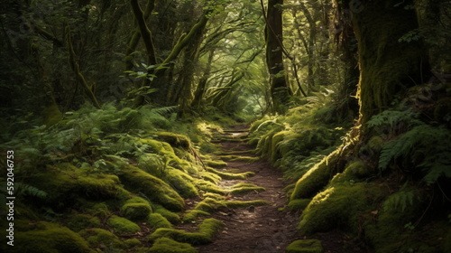 Mystical Forest Path Exploring the Serene Beauty of a Green Rainforest, a Journey into Nature's Tranquil Oasis. Generative AI