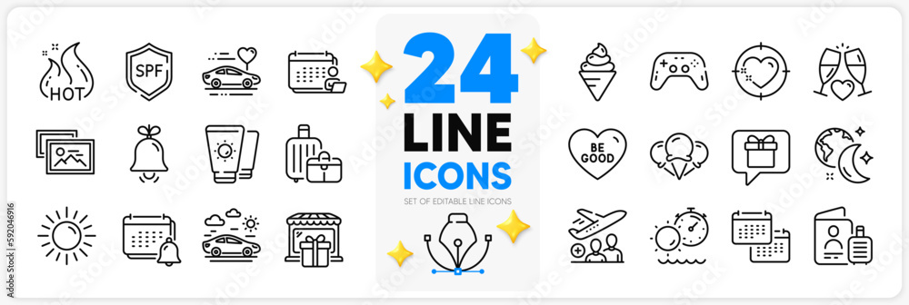 Icons set of Sun, Passport and Calendar line icons pack for app with Spf protection, Ice cream, Wedding glasses thin outline icon. Tanning time, Honeymoon travel, Passenger pictogram. Vector