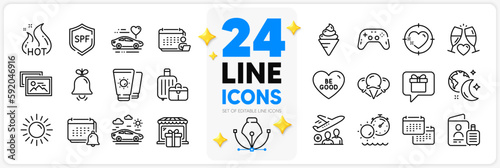 Icons set of Sun, Passport and Calendar line icons pack for app with Spf protection, Ice cream, Wedding glasses thin outline icon. Tanning time, Honeymoon travel, Passenger pictogram. Vector