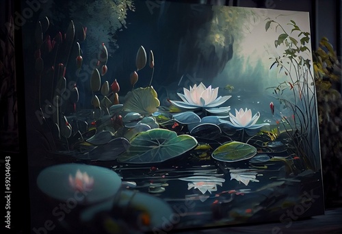 Papier peint a painting of a pond with water lillies and trees in the background