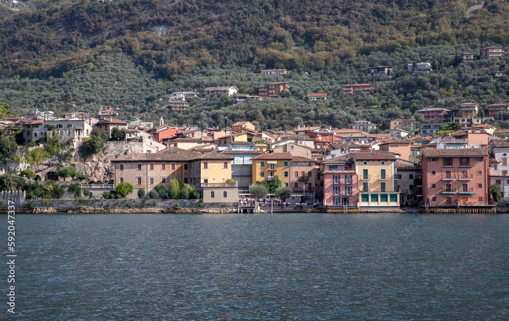 View from height on roofs of italian resort Malcesine Garda Lake