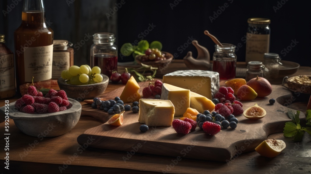 Assorted cheeses in a rustic style, still life of cheese slices. Created with AI.