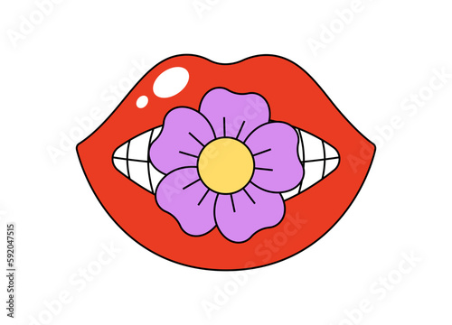 Retro groovy mouth with chamomile between teeth. Hippy glossy red open lips and daisy flower. Funky female lip with lipstick and floret. Vintage hippie sticker. Trendy y2k pop art patch. Vector eps
