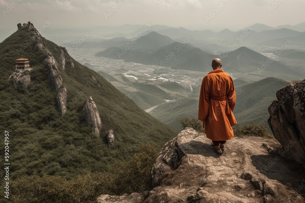 a monk walking on a mountain Generative AI