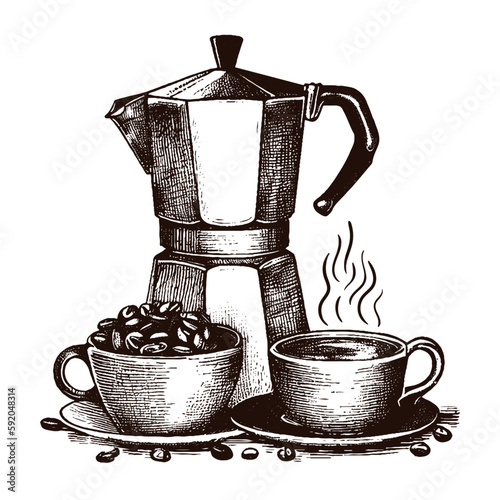 coffee cups and moka pot, coffee beans, vector illustration  photo