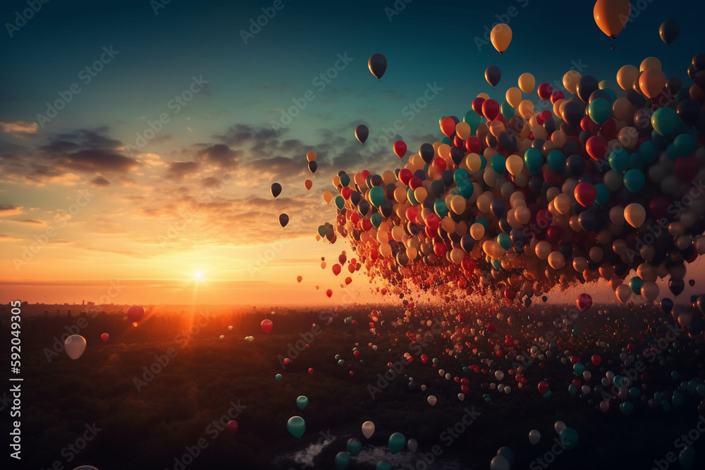 colorful flying balloons at sunset Generative AI