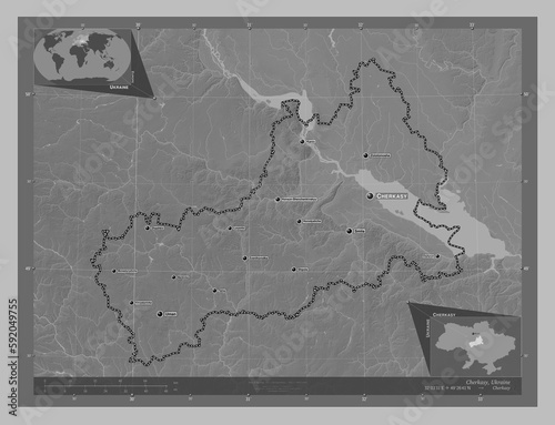 Cherkasy, Ukraine. Grayscale. Labelled points of cities photo