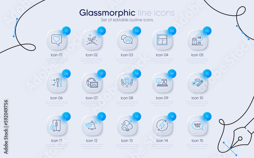 Set of Renewable power, Keywords and Grow plant line icons for web app. Petrol station, Web photo, Food delivery icons. Organic tested, Window, Refrigerator signs. Smile, Heart, Quote bubble. Vector
