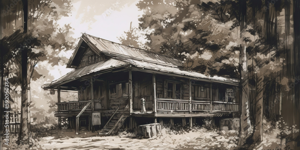 Wooden cabin in the woods, digital art, AI generative Wooden cabin in the woods, digital art, AI generative