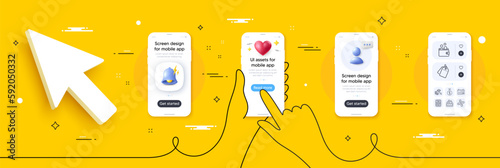 Tax calculator, Calendar graph and Money line icons pack. Phone screen mockup with 3d alert bell, health and headshot. Contactless payment, Payment exchange, Wallet money web icon. Vector