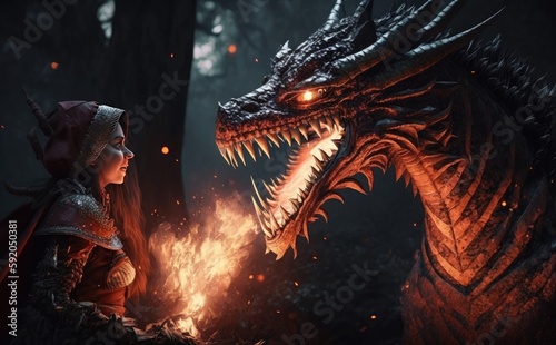 Red dragon breathing fire, girl fights the fire dragon in the forest