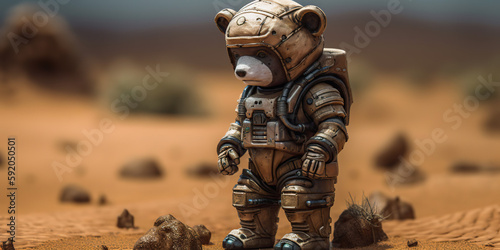 Little astronaut panda in the desert, AI generative