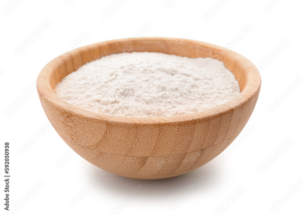 Wooden bowl with wheat flour isolated on white background Wooden bowl with wheat flour isolated on white background
