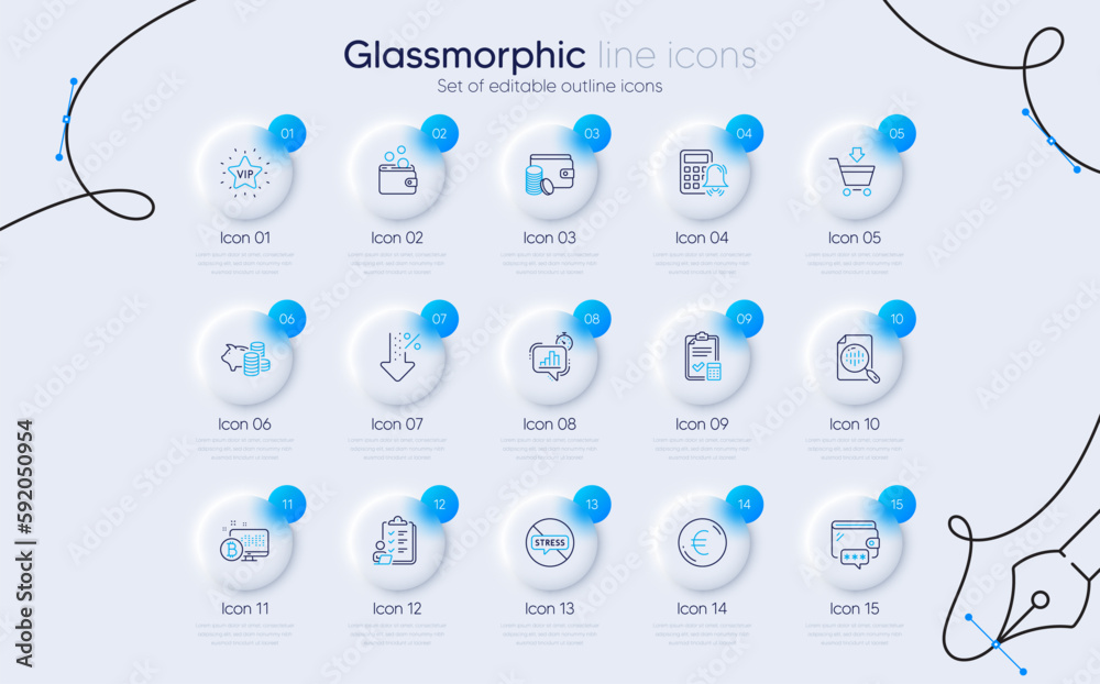 Set of Wallet, Vip star and Low percent line icons for web app. Online market, Stop stress, Payment method icons. Analytics chart, Bitcoin system, Statistics timer signs. Glassmorphism buttons. Vector Set of Wallet, Vip star and Low percent line icons for web app. Online market, Stop stress, Payment method icons. Analytics chart, Bitcoin system, Statistics timer signs. Glassmorphism buttons. Vector