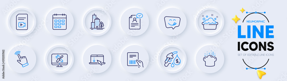 Video file, Scroll down and Calendar line icons for web app. Pack of Cooking hat, Hand washing, Repair pictogram icons. Cursor, Resume document, Parcel invoice signs. Petrol station. Vector Video file, Scroll down and Calendar line icons for web app. Pack of Cooking hat, Hand washing, Repair pictogram icons. Cursor, Resume document, Parcel invoice signs. Petrol station. Vector