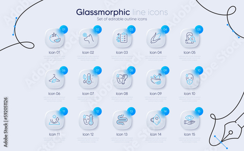 Set of Intestine, Medical mask and Health eye line icons for web app. Sun protection, Tomato, Sick man icons. Thermometer, Diet menu, Veterinary clinic signs. Corn, Fever. Vector