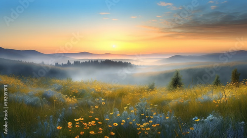 Beautiful panoramic landscape of a green hills with spring flowers - AI Generated © mbruxelle