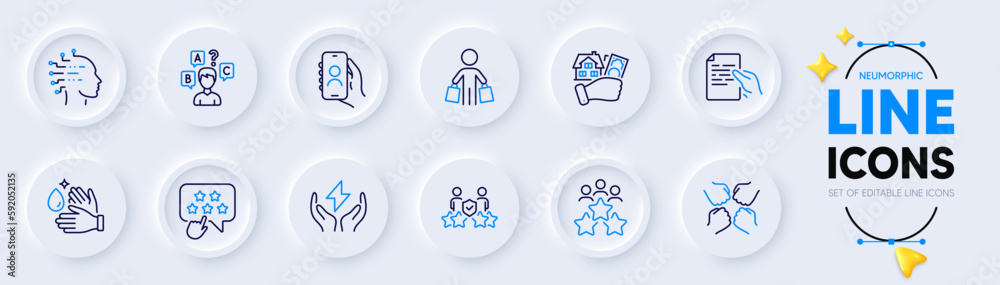 Ranking star, User call and Safe energy line icons for web app. Pack of Business meeting, Wash hands, Hold document pictogram icons. Quiz test, Artificial intelligence, Security agency signs. Vector