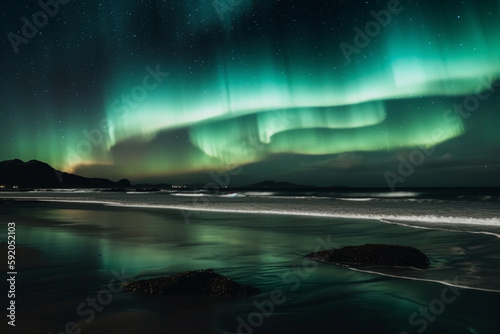 Northern lights reflect on the sea at night Generative AI © Bora