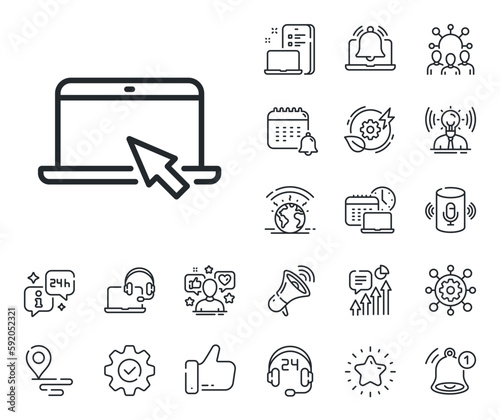 Notebook with mouse cursor sign. Place location, technology and smart speaker outline icons. Laptop computer icon. Portable personal computer symbol. Portable computer line sign. Vector