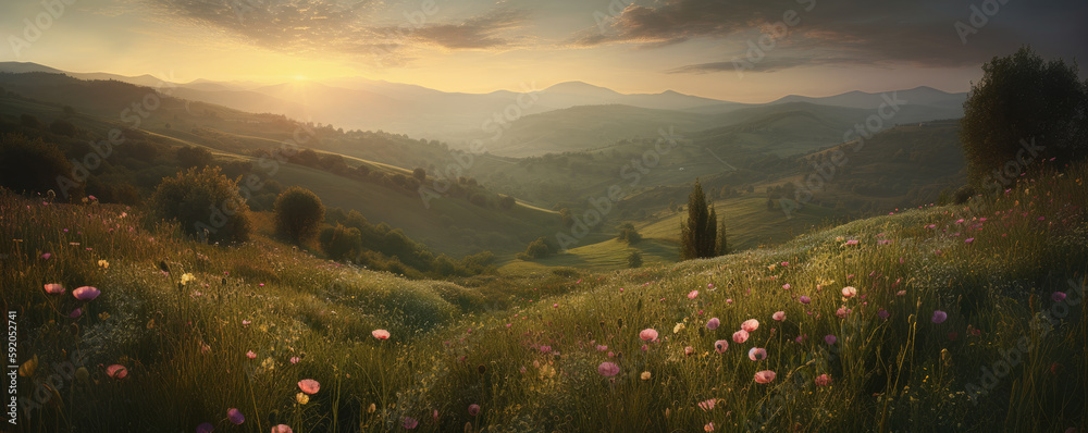 Beautiful panoramic landscape of a green hills with spring flowers - AI Generated - obrazy, fototapety, plakaty 