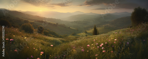 Beautiful panoramic landscape of a green hills with spring flowers - AI Generated