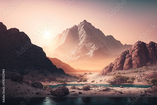 serene lake in the foreground with majestic mountains in the background. Generative AI
